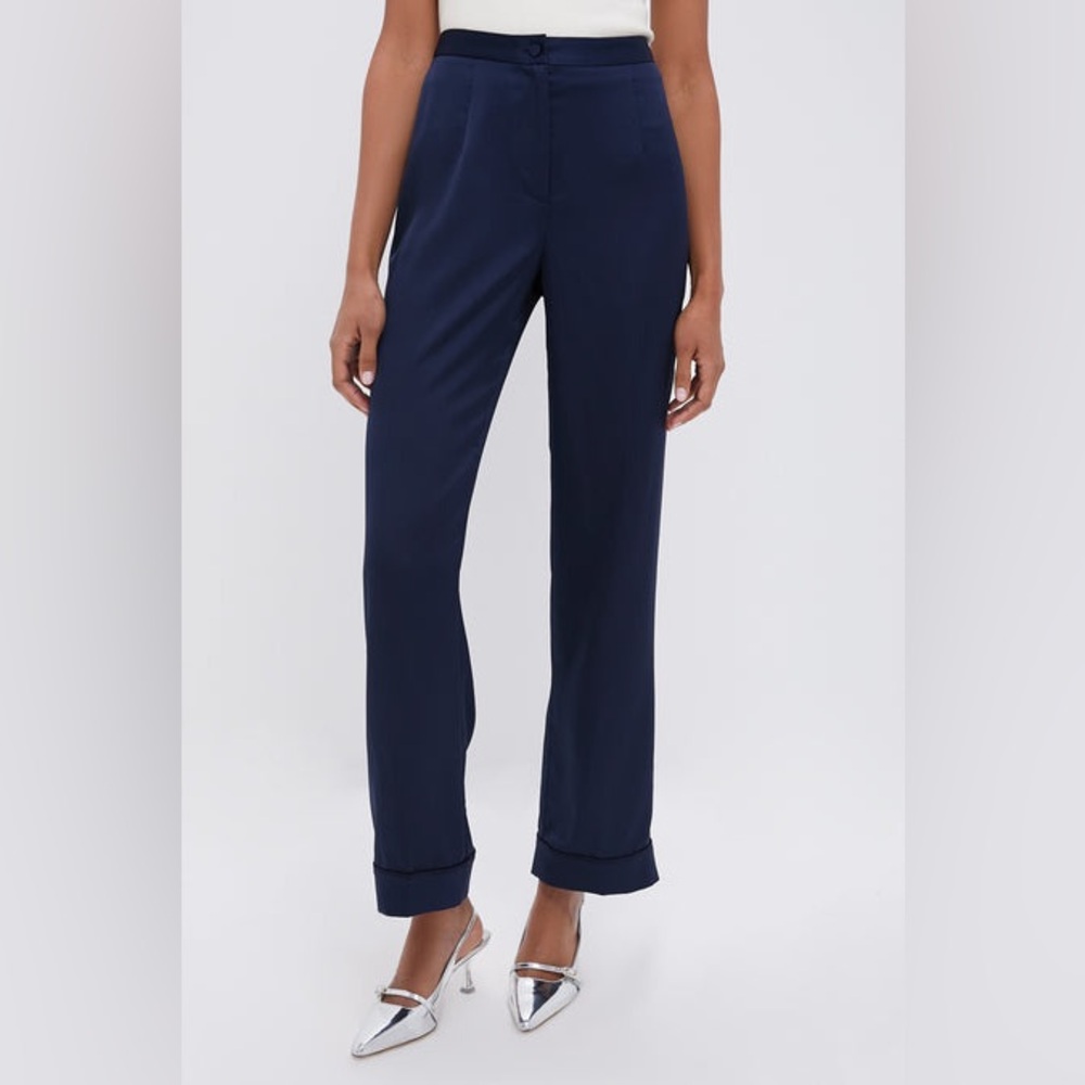 TUCKERNUCK Navy blue Solene Pants silky fabric contrast piping size large